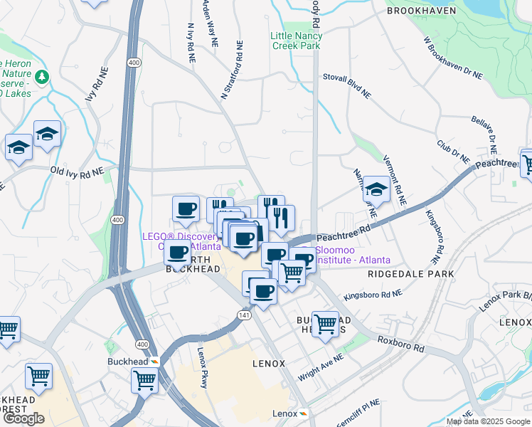 map of restaurants, bars, coffee shops, grocery stores, and more near 749 Park Avenue Northeast in Atlanta