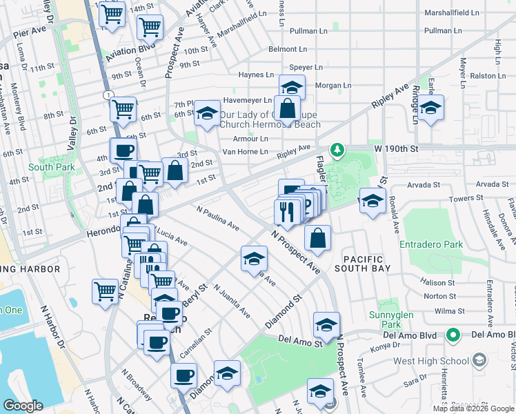 map of restaurants, bars, coffee shops, grocery stores, and more near 1209 Amethyst Street in Redondo Beach