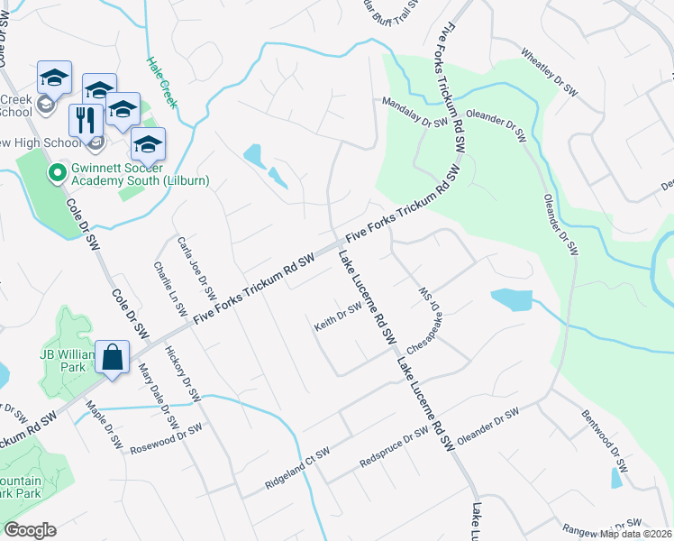 map of restaurants, bars, coffee shops, grocery stores, and more near 4520 Parkview Walk Drive in Lilburn