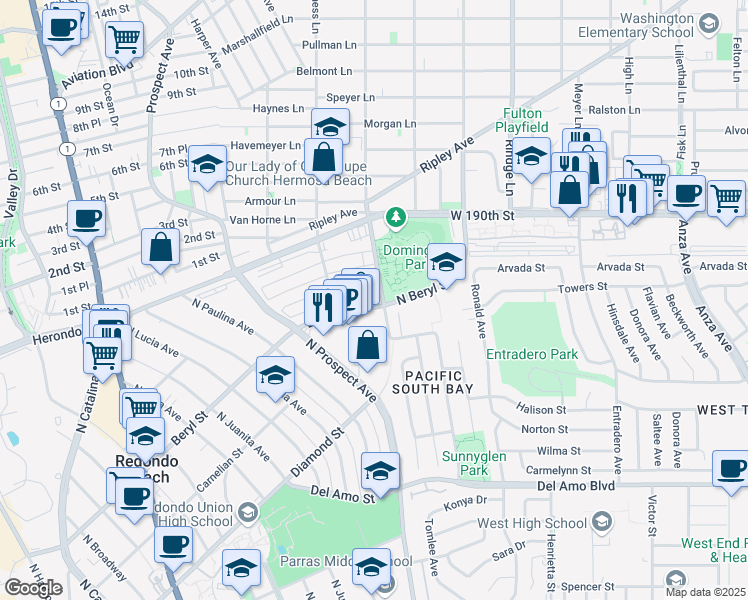 map of restaurants, bars, coffee shops, grocery stores, and more near 1321 Beryl Street in Redondo Beach