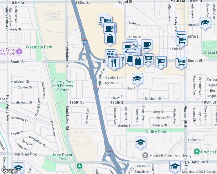 map of restaurants, bars, coffee shops, grocery stores, and more near 11239 Bos Street in Cerritos