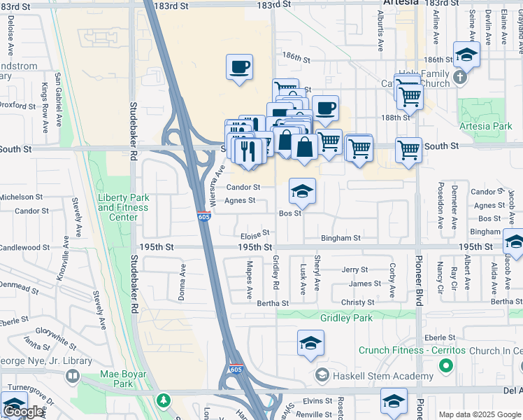 map of restaurants, bars, coffee shops, grocery stores, and more near 11341 Bos Street in Cerritos