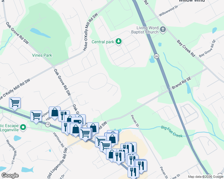 map of restaurants, bars, coffee shops, grocery stores, and more near 54 Shadowhill Court in Loganville