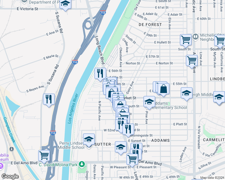 map of restaurants, bars, coffee shops, grocery stores, and more near 5440 Long Beach Boulevard in Long Beach