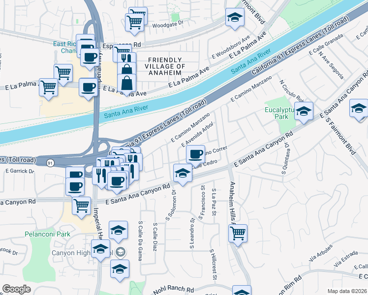 map of restaurants, bars, coffee shops, grocery stores, and more near 180 North Avenue Pina in Anaheim