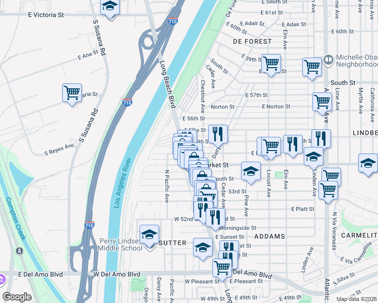 map of restaurants, bars, coffee shops, grocery stores, and more near 5440 Long Beach Boulevard in Long Beach