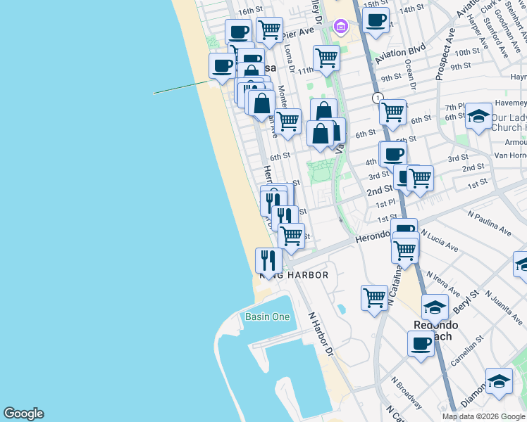 map of restaurants, bars, coffee shops, grocery stores, and more near 230 The Strand in Hermosa Beach