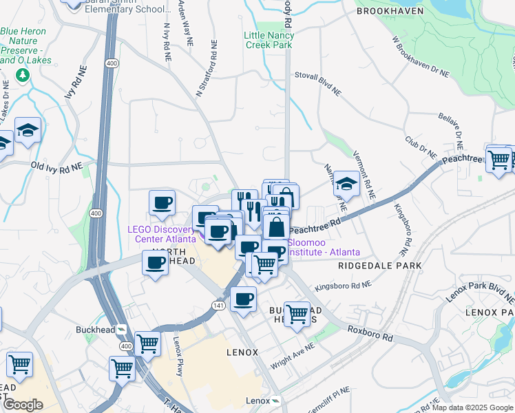 map of restaurants, bars, coffee shops, grocery stores, and more near 3626 Peachtree Road Northeast in Atlanta