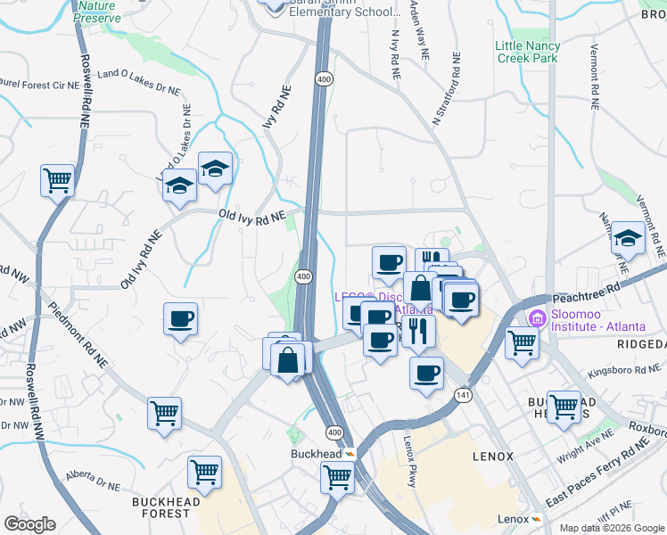 map of restaurants, bars, coffee shops, grocery stores, and more near 3684 North Stratford Road Northeast in Atlanta