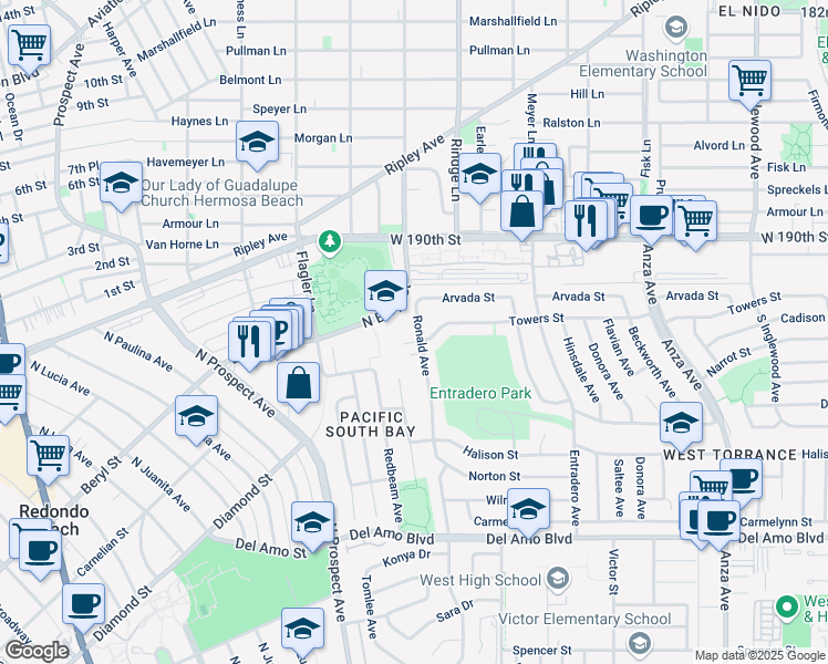 map of restaurants, bars, coffee shops, grocery stores, and more near 19219 Ronald Avenue in Torrance