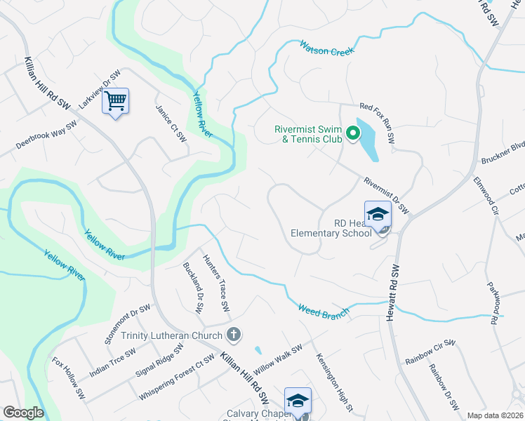 map of restaurants, bars, coffee shops, grocery stores, and more near 3838 Hunting Ridge Drive Southwest in Lilburn