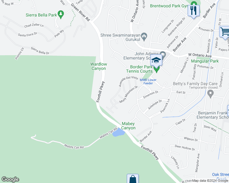 map of restaurants, bars, coffee shops, grocery stores, and more near 2608 Avenida Del Vista in Corona