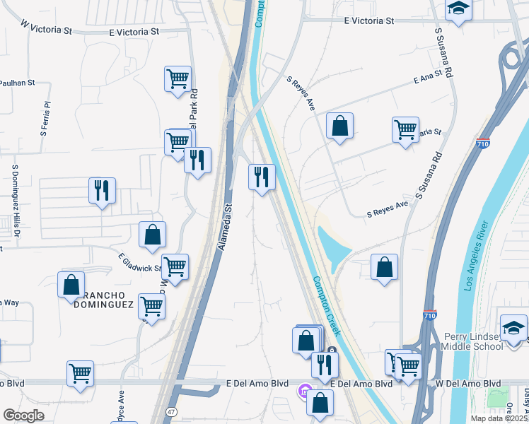 map of restaurants, bars, coffee shops, grocery stores, and more near 19431 Santa Fe Avenue in Compton