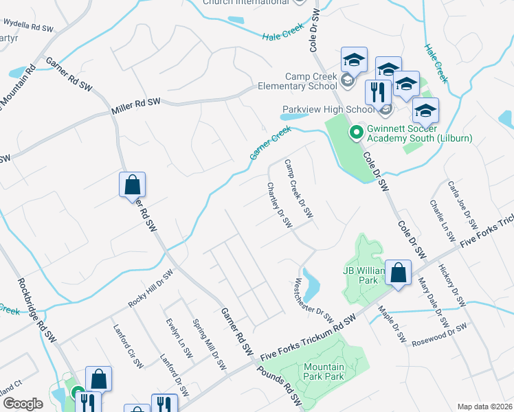 map of restaurants, bars, coffee shops, grocery stores, and more near 4996 Chartley Circle Southwest in Lilburn