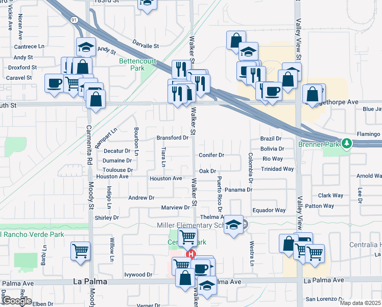 map of restaurants, bars, coffee shops, grocery stores, and more near 5491 Festival Circle in La Palma