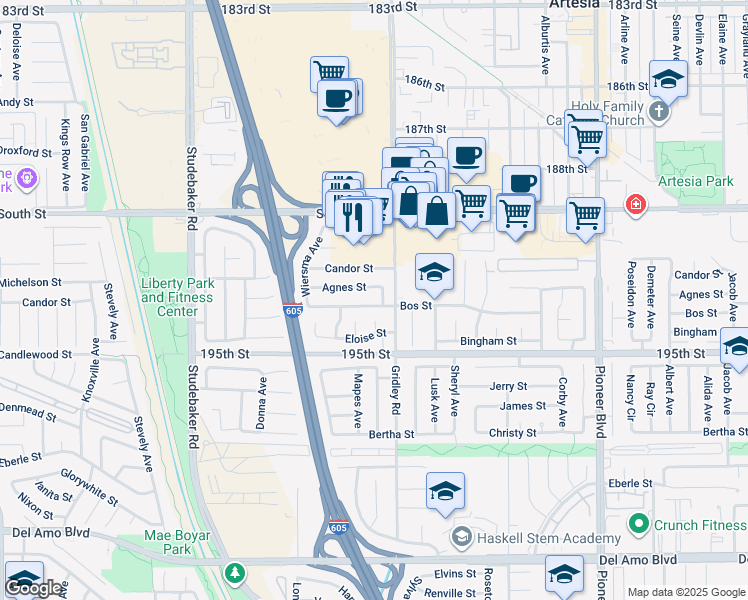 map of restaurants, bars, coffee shops, grocery stores, and more near 11341 Bos Street in Cerritos