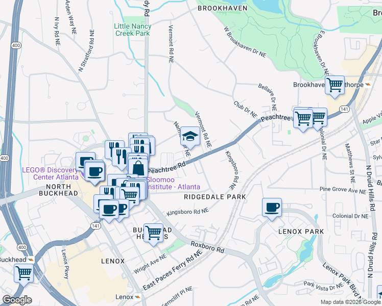 map of restaurants, bars, coffee shops, grocery stores, and more near 3686 Peachtree Road Northeast in Atlanta