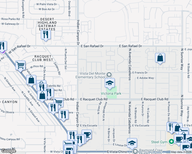 map of restaurants, bars, coffee shops, grocery stores, and more near 488 East Laurel Circle in Palm Springs