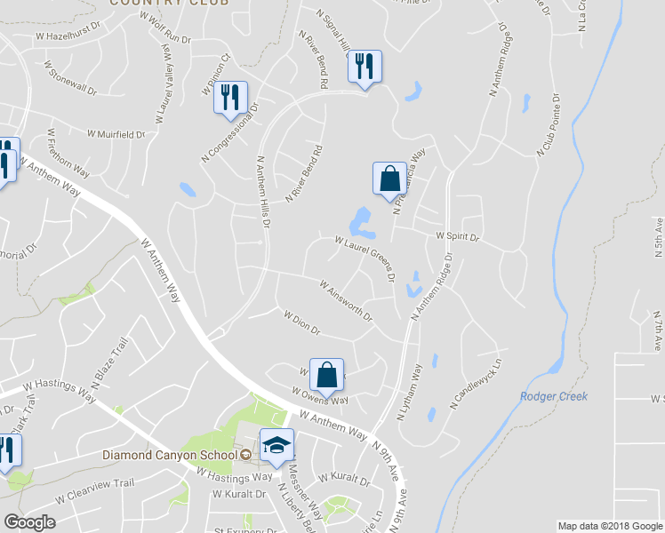 map of restaurants, bars, coffee shops, grocery stores, and more near 40809 North Thunder Hills Court in New River