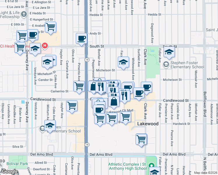map of restaurants, bars, coffee shops, grocery stores, and more near 5403 Graywood Avenue in Lakewood