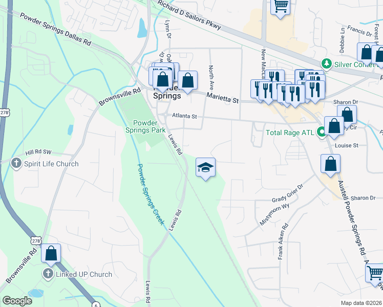 map of restaurants, bars, coffee shops, grocery stores, and more near 4056 Butner Street in Powder Springs
