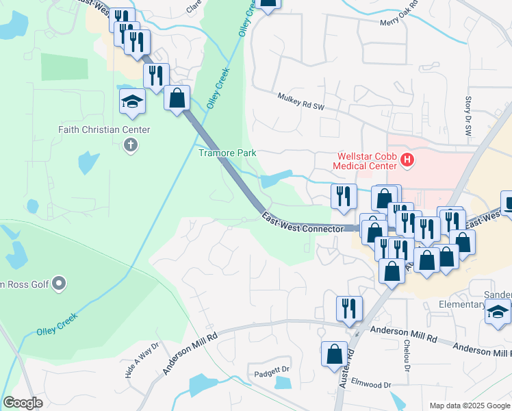 map of restaurants, bars, coffee shops, grocery stores, and more near 2115 East-West Connector in Austell