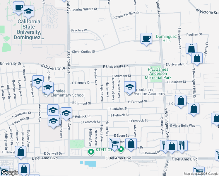 map of restaurants, bars, coffee shops, grocery stores, and more near 19312 Harlan Avenue in Carson