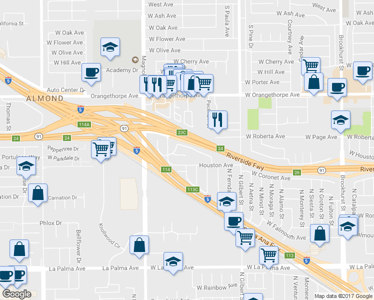 map of restaurants, bars, coffee shops, grocery stores, and more near 2508 West Picadilly Way in Anaheim