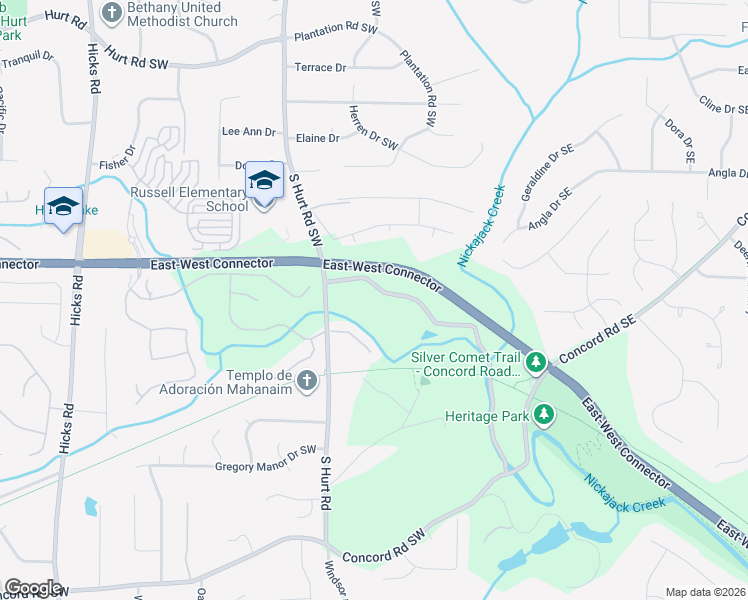 map of restaurants, bars, coffee shops, grocery stores, and more near 4066 Covered Bridge Road Southwest in Smyrna