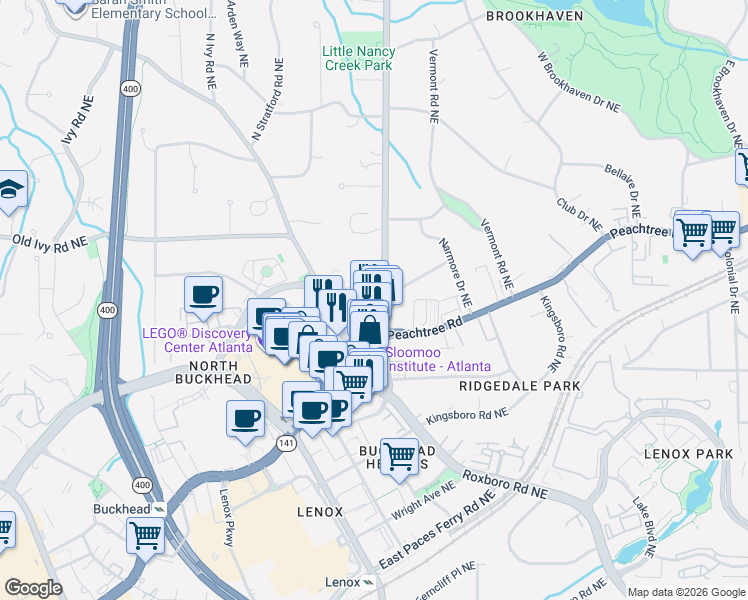 map of restaurants, bars, coffee shops, grocery stores, and more near 3680 Peachtree Dunwoody Road in Atlanta