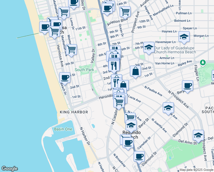 map of restaurants, bars, coffee shops, grocery stores, and more near 622 1st Place in Hermosa Beach