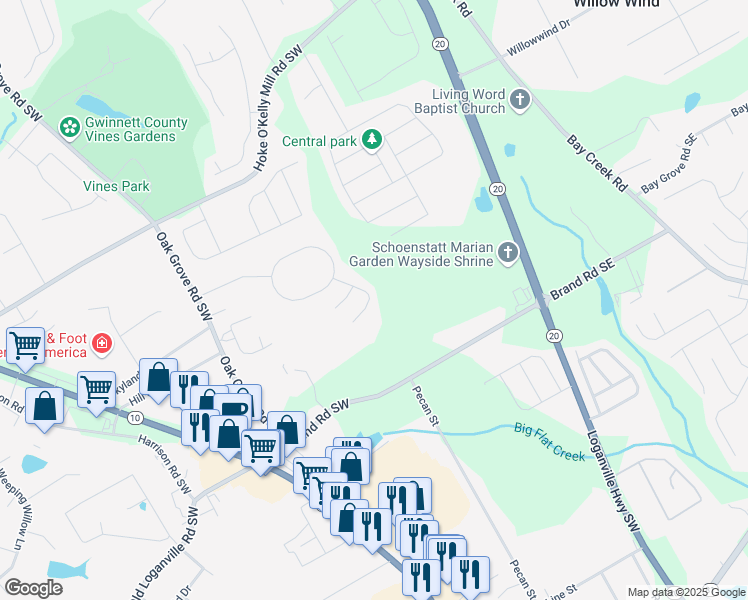 map of restaurants, bars, coffee shops, grocery stores, and more near 106 Shadowhill Lane Southwest in Loganville