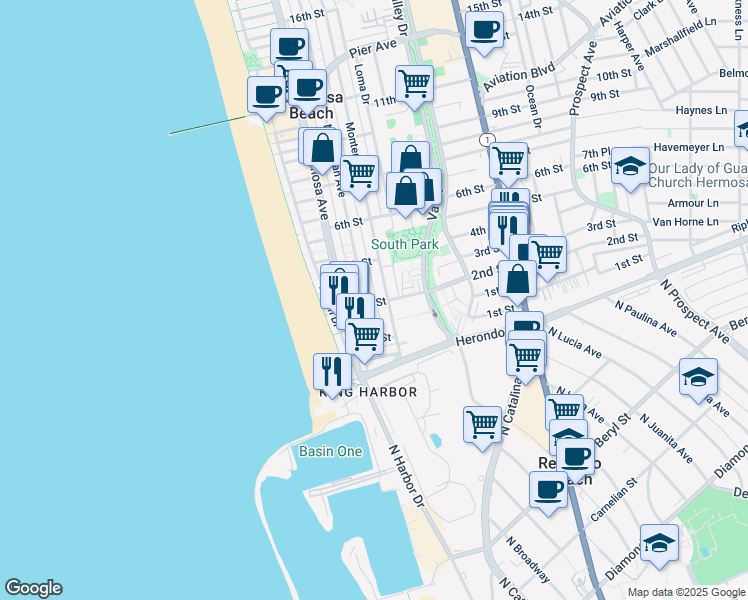 map of restaurants, bars, coffee shops, grocery stores, and more near 219 2nd Street in Hermosa Beach