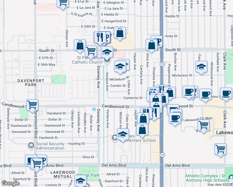 map of restaurants, bars, coffee shops, grocery stores, and more near 3633 Camerino Street in Lakewood