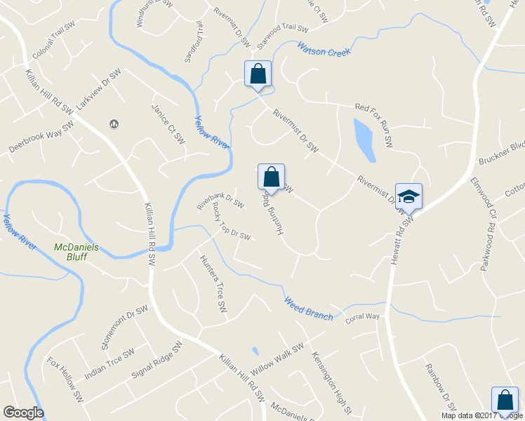 map of restaurants, bars, coffee shops, grocery stores, and more near 3838 Hunting Ridge Drive Southwest in Lilburn