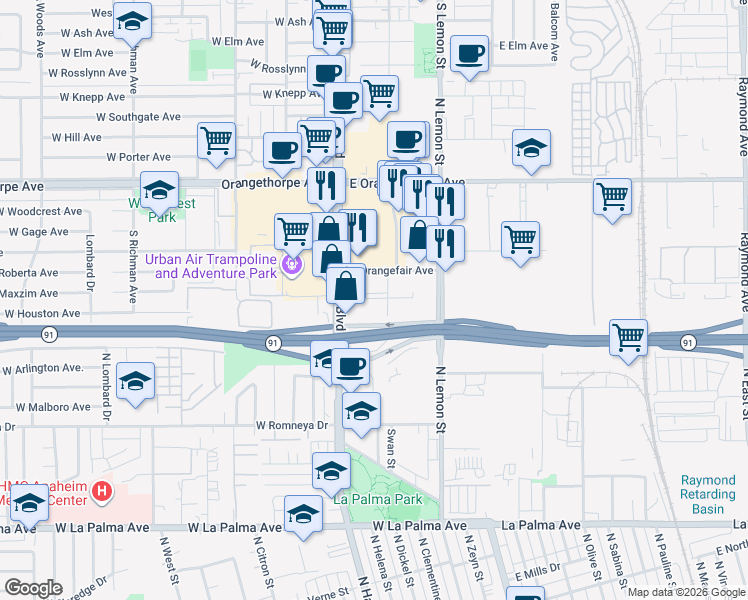 map of restaurants, bars, coffee shops, grocery stores, and more near 1611 South Pomona Avenue in Fullerton