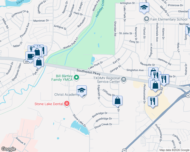 map of restaurants, bars, coffee shops, grocery stores, and more near 5030 Edgecliff Drive in Wichita Falls
