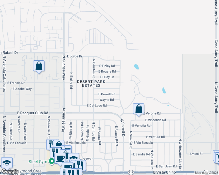 map of restaurants, bars, coffee shops, grocery stores, and more near 2347 East Bellamy Road in Palm Springs