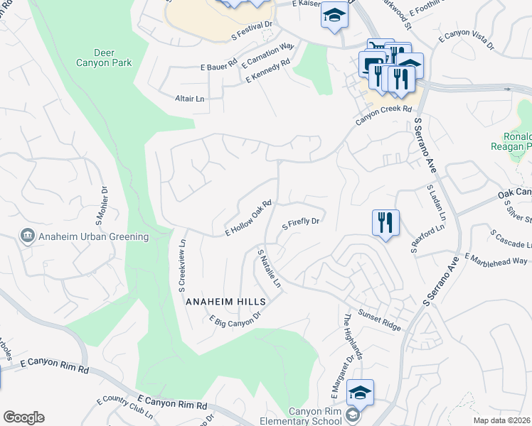 map of restaurants, bars, coffee shops, grocery stores, and more near 7638 East Hollow Oak Road in Anaheim