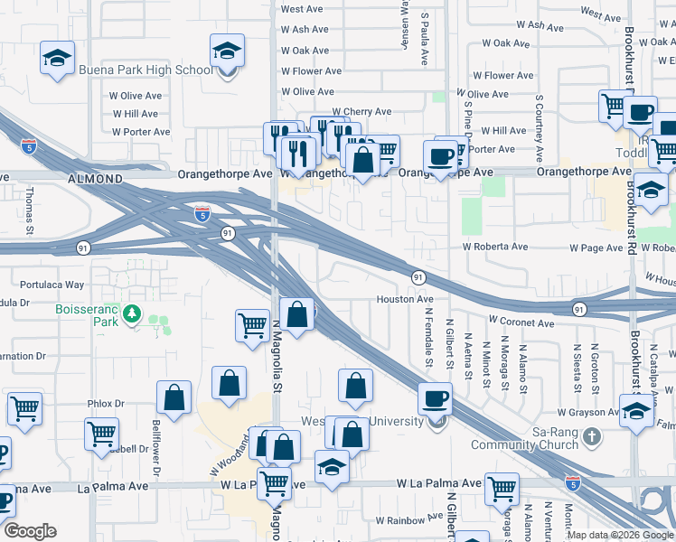 map of restaurants, bars, coffee shops, grocery stores, and more near 2529 West Britain Way in Anaheim