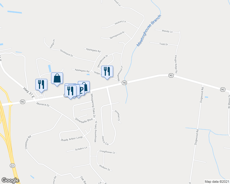 map of restaurants, bars, coffee shops, grocery stores, and more near 525 Eagleton Court in Longs