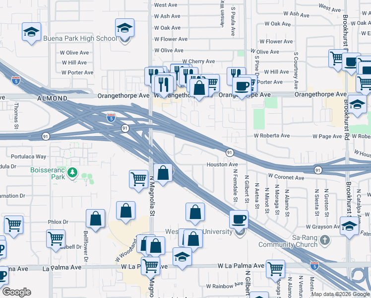 map of restaurants, bars, coffee shops, grocery stores, and more near 2540 West Picadilly Way in Anaheim