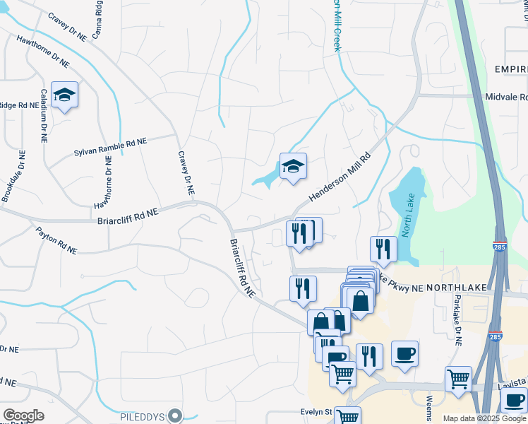 map of restaurants, bars, coffee shops, grocery stores, and more near 3132 Queens Walk in Atlanta