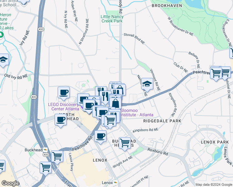 map of restaurants, bars, coffee shops, grocery stores, and more near 3680 Peachtree Dunwoody Road in Atlanta