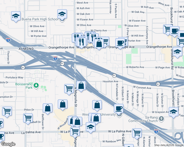 map of restaurants, bars, coffee shops, grocery stores, and more near 2540 West Picadilly Way in Anaheim