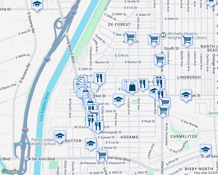 map of restaurants, bars, coffee shops, grocery stores, and more near 145 East Louise Street in Long Beach