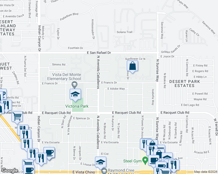 map of restaurants, bars, coffee shops, grocery stores, and more near 1150 East Adobe Way in Palm Springs