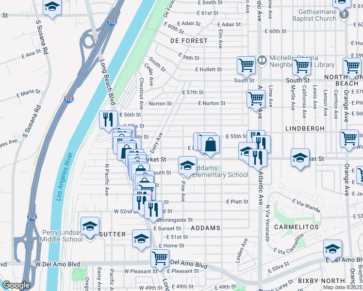 map of restaurants, bars, coffee shops, grocery stores, and more near 187 East Louise Street in Long Beach