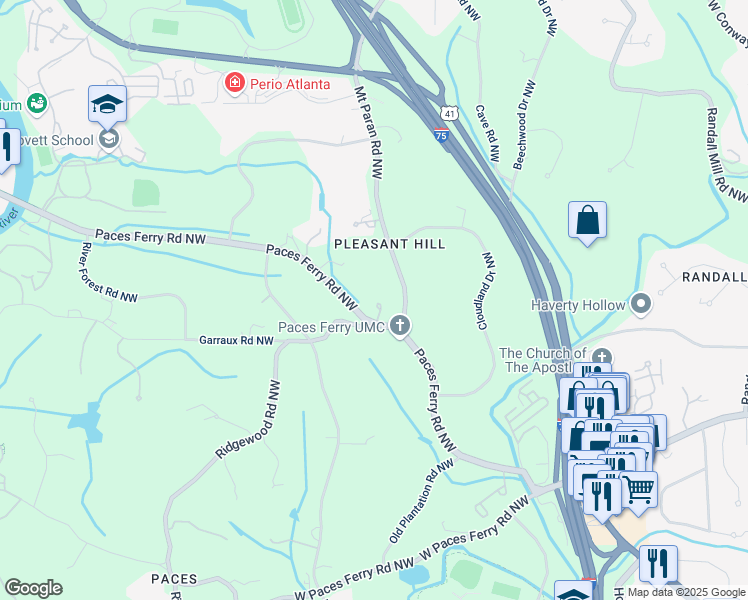 map of restaurants, bars, coffee shops, grocery stores, and more near 3685 Paces Ferry Road Northwest in Atlanta