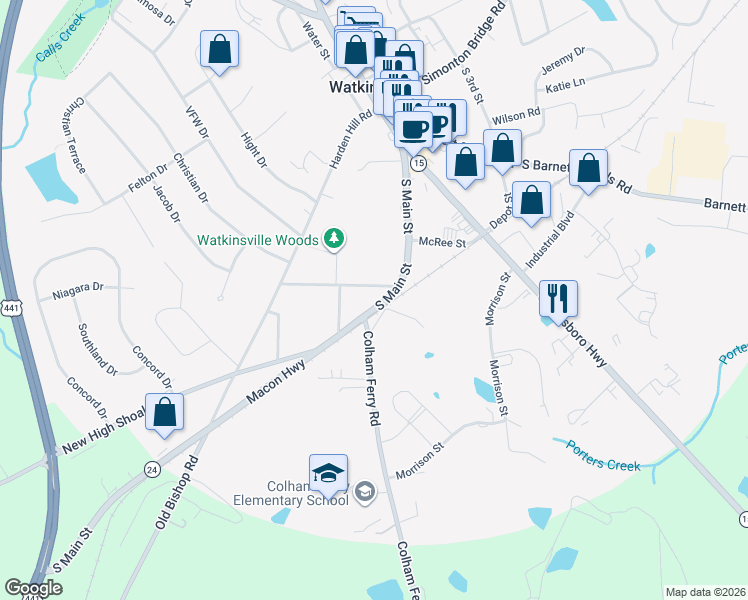 map of restaurants, bars, coffee shops, grocery stores, and more near 53 South Main Street in Watkinsville